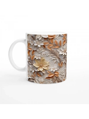 Krem ve Tarçın Tonlarında Rölyef Çiçekli Kupa Bardak