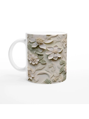 Krem ve Yeşil Rölyef Çiçek Desenli Kupa Bardak