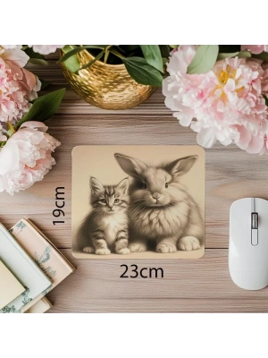 Krem Zemin Üzerine İkili Hayvan Figürü - 19x23 cm 2 mm Dikdörtgen İthal Baskılı Mouse Pad