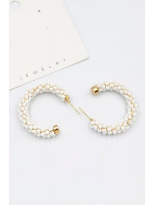 Kristal Boncuk Halka Küpe - Beyaz