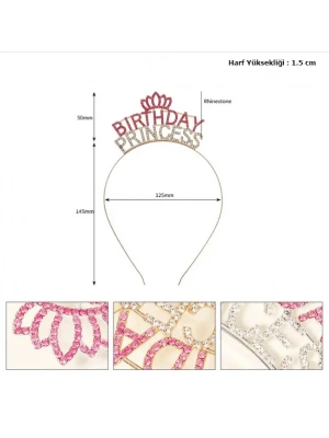 Kristal Taşlı Birthday Princess Yazılı Parti Tacı Pembe Renk