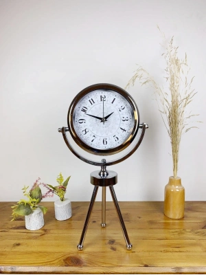 ® Krom Metal Mini Tripod Çini Desen Masa Saati 45×26 cm