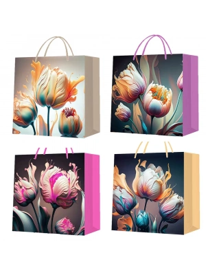 Küçük Boy Lale Desenli Karton Hediye Çantası