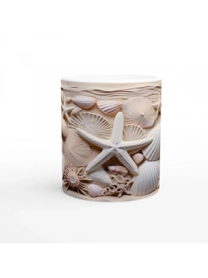 Kum Beji ve Pudra Tonlarında Deniz Kabuğu Desenli Su Altı Temalı Kupa Bardak