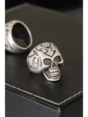 ® Kuru Kafa Tasarımlı Eskitme Gümüş Desenli Ayarlamalı Model Erkek Yüzük