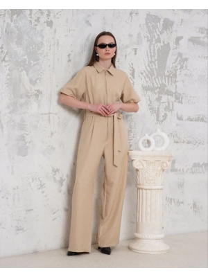 Kuşaklı gömlek yaka salaş tulum bej s255822