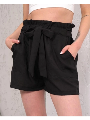 Kuşaklı keten şort siyah s255265