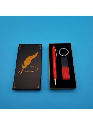 Kutulu Kırmızı Deri Anahtarlık ve Touchpen Tükenmez Kalem Hediye Seti