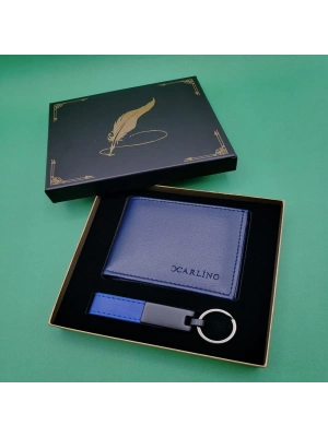 Kutulu Mavi Deri Cüzdan Ve Anahtarlık Seti