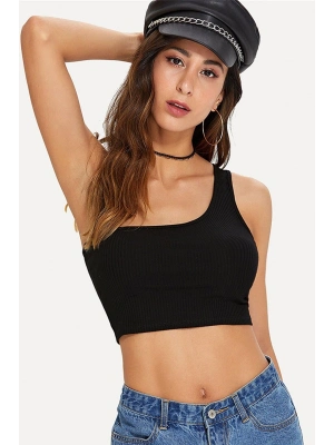 Kadın Siyah Tek Omuz Crop Büstiyer