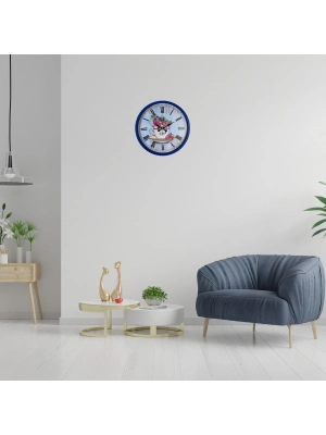 Lacivert Çiçek Desenli 36 Cm Duvar Saati