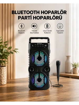 LED Işıklı Bluetoothlu Hoparlör Mikrofonlu Taşınabilir Ses Sistemi