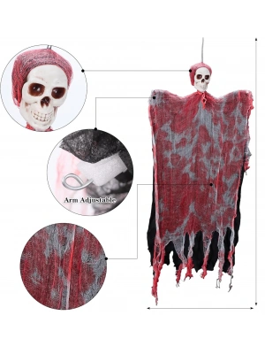 Led Işıklı Kahkaha Atan Sesli Sensörlü Ürpertici Kuru Kafa Kanlı Korku Hayalet Saçaklı Dekor 90x50 Cm