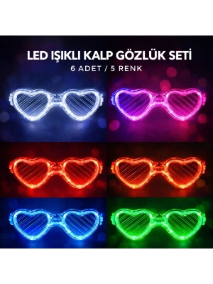 Led Işıklı Kalp Glow Pilli Parti Gözlüğü – 6 Adet / 5 Renk Set