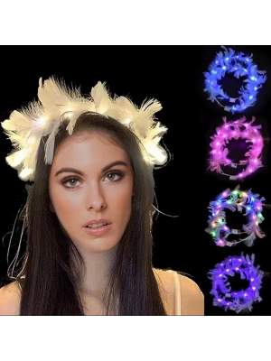 Led Işıklı Rengarenk Yanan 3 Fonksiyonlu Otrişli Parti Tacı Beyaz Renk 12x12 Cm