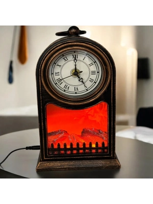 LED Işıklı Siyah Eskitme Şömine Saat