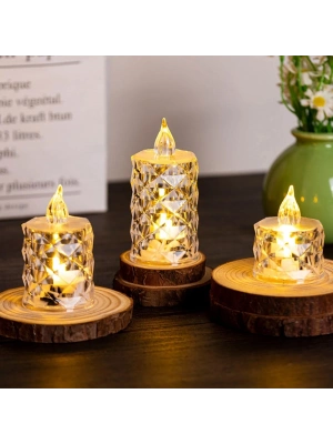Led Mum Şeffaf Kristal Led Mum Pilli Alevsiz Çay Mumu Düğün Doğum Günü Ortam Işığı Midi