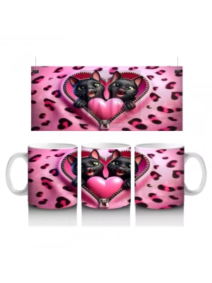 Leopar Desenli Kalpli Zeminde Sarılmış Siyah Kediler - Baskılı kahve kupası