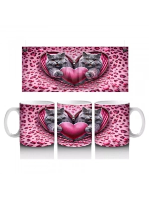 Leopar Desenli Zeminde Kalpli Figür Tutan Gri Kediler - Baskılı kahve kupası