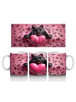 Leopar Desenli Zeminde Kalpli Yastığa Sarılan Siyah Kedi - Baskılı kahve kupası