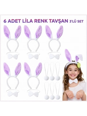 Lila Tavşan Sahne Seti 6'lı Set Taç Papyon Kuyruk