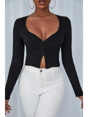 Kadın Siyah Uzun Kollu Düğmeli Göğüs ve Göbek Dekolteli Crop Top Bluz