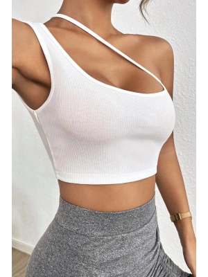 Kadın Beyaz Tek Omuzlu Çapraz Askılı Crop Top Büstiyer