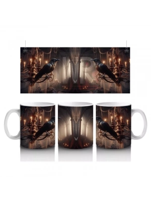 Loş Işıklı Gotik Koridorda Mumlar ve Kitaplarla Cadılar Bayramı Baskılı Kupa