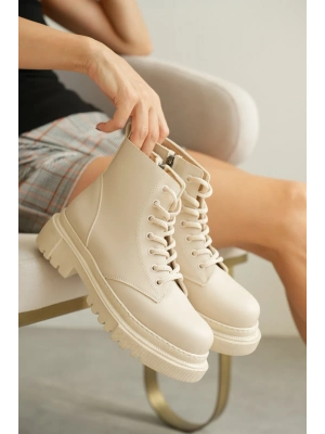 ÇOK SATAN LC001 4.5 CM Bej Kısa Bağcıklı Bot