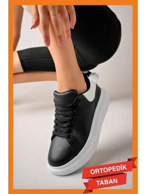 ÇOK SATAN LC101 Siyah Arka Beyaz BT Bağcıklı Kadın Ayakkabı
