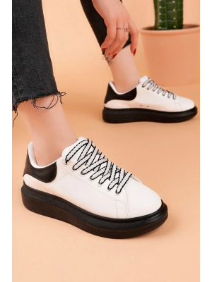 ÇOK SATAN LC107 Beyaz Arka Siyah ST Bağcıklı Kadın Ayakkabı