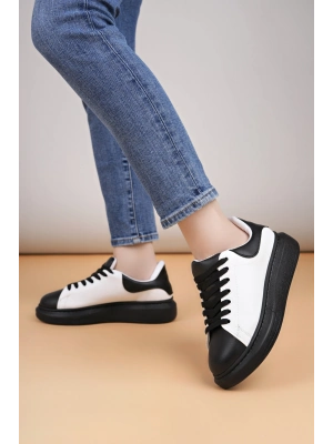 ÇOK SATAN LC109 Beyaz Siyah Cilt Siyah Taban Kadın Sneaker