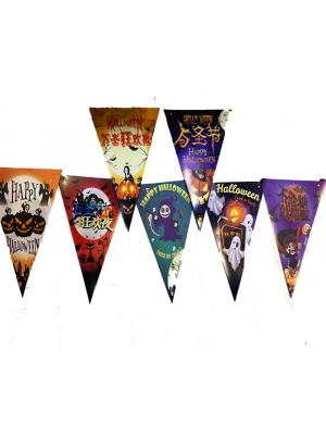 Lüks Baskılı Üçgen Model Halloween Banner Süs Bayrak 8 Li