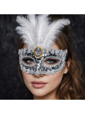 Lüks Gümüş Tüylü Taşlı Balo Maskesi