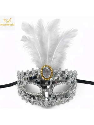 Lüks Gümüş Tüylü Taşlı Balo Maskesi