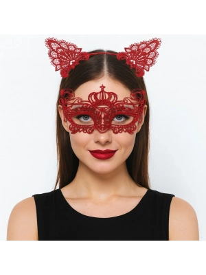 Lüks Kırmızı Dantel Taçlı Maske Seti 2 No - Parti, Balo, Kostüm Aksesuarı