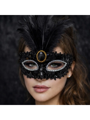 Lüks Siyah Tüylü Taşlı Balo Maskesi