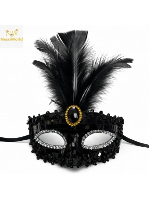 Lüks Siyah Tüylü Taşlı Balo Maskesi