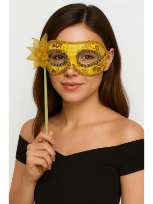 Lüks Taşlı Saplı Maskeli Balo Maskesi Altın Renk 35 Cm