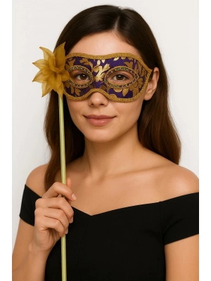 Lüks Taşlı Saplı Maskeli Balo Maskesi Mor Renk 35 Cm