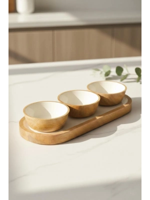 Mango Agacı Standlı Üçlü Kase Seti & Sunum Ve Servis Seti Krem