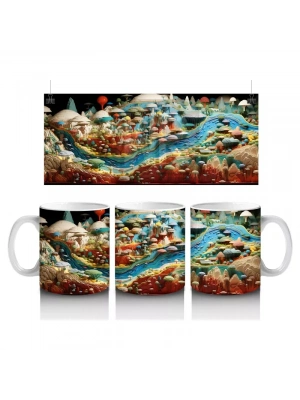 Mantar Evler ve Nehir Manzaralı Masalsı Dünya – Baskılı Kahve Kupası