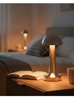 ® Mantar Masa Lambası Dokunmatik 3 Renk Işık Şarjlı Kablosuz Modern Krom Tasarım