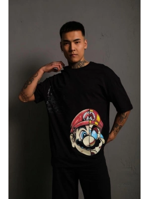 Mario Baskılı Oversize T-Shirt - Siyah -