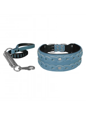Markapet Elegance Deri İşlemeli Lüks Köpek Tasma Seti XL 7 cm*60-68 cm Turkuaz