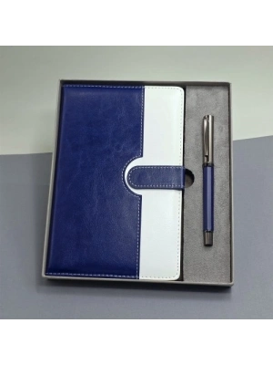 Mavi Beyaz Deri Kapaklı Defter Ve Metal Kalem Set