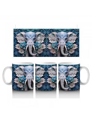 Mavi Çiçekler Arasında Fil Maskotu – Baskılı Kahve Kupası