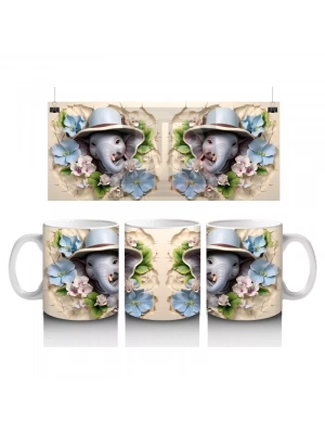 Mavi Çiçeklerle Süslenmiş Şapkalı Sevimli Filler – Baskılı Kahve Kupası
