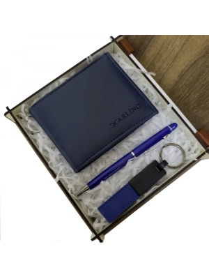 Mavi Cüzdan Kalem Ve Deri Mavi Anahtarlık Set