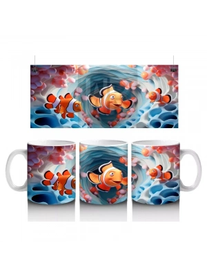 Mavi Dalgalar Arasında Palyaço Balığı Ailesi – Baskılı Kahve Kupası